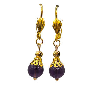 Amethyst Bead Pierced Earrings Dangle Drop Gold Tone Leverback 8mm SKU 2805